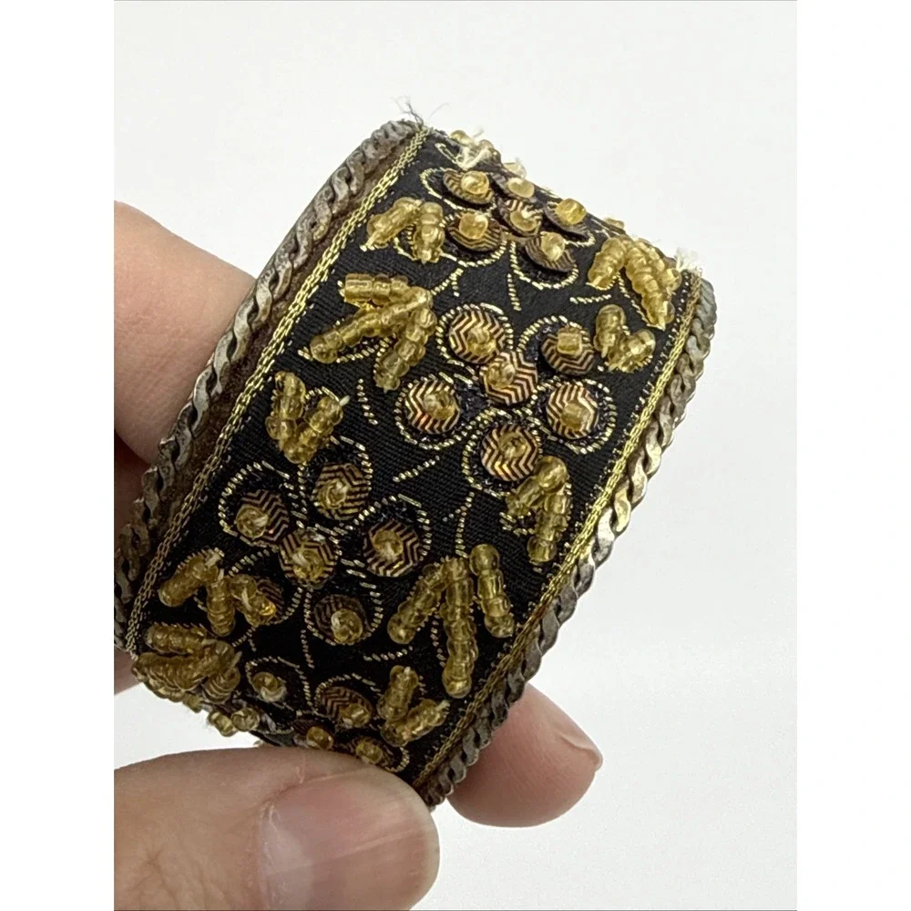 Vtg Ottoman Style Hinged Clamper Bracelet Tribal Ethnic Beaded Fabric Silver Ton